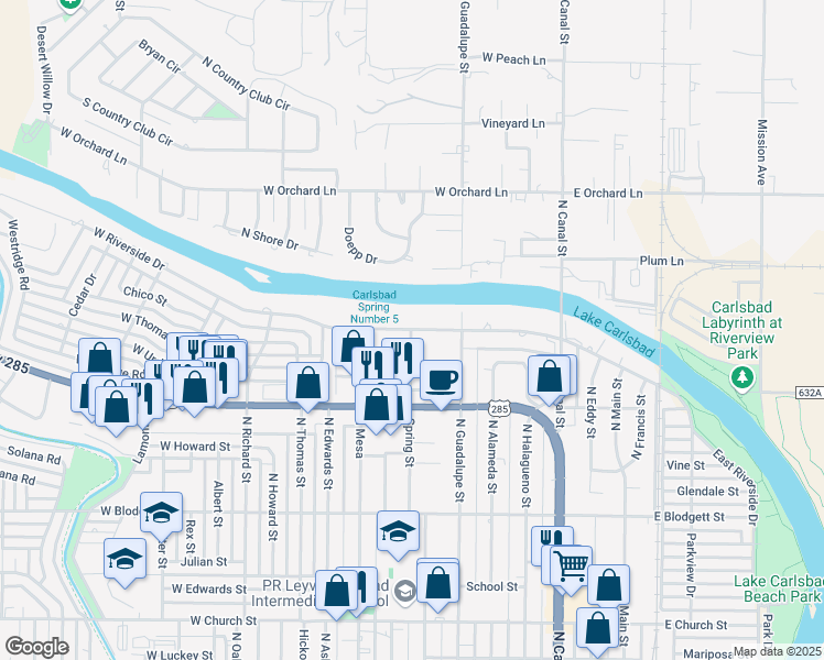 map of restaurants, bars, coffee shops, grocery stores, and more near 1002 Spring Street in Carlsbad