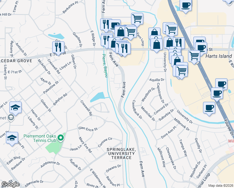 map of restaurants, bars, coffee shops, grocery stores, and more near 7330 Fern Avenue in Shreveport