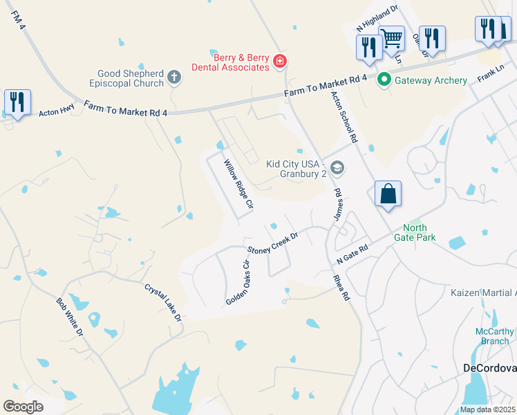 map of restaurants, bars, coffee shops, grocery stores, and more near 2918 Willow Ridge Circle in Granbury