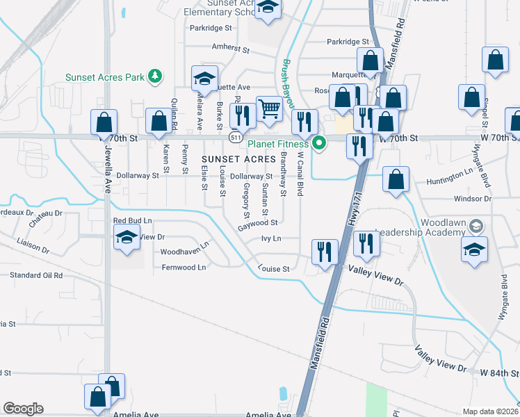 map of restaurants, bars, coffee shops, grocery stores, and more near 7125 Suntan Street in Shreveport