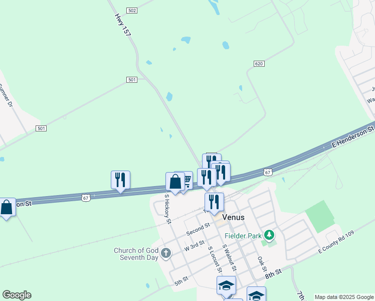 map of restaurants, bars, coffee shops, grocery stores, and more near Highway 157 in Venus