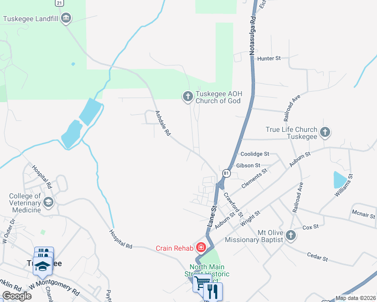 map of restaurants, bars, coffee shops, grocery stores, and more near 1643 Ashdale Road in Tuskegee