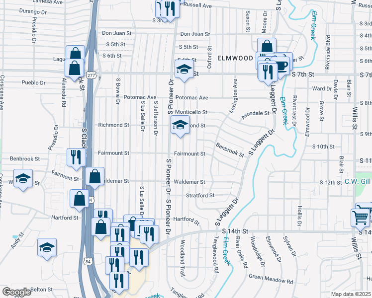 map of restaurants, bars, coffee shops, grocery stores, and more near 1125 Buccaneer Drive in Abilene