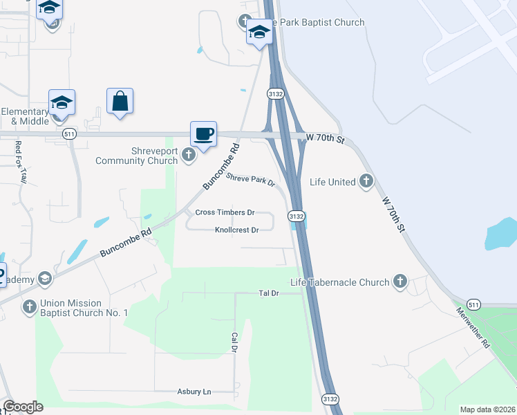 map of restaurants, bars, coffee shops, grocery stores, and more near 5514 Cross Timbers Drive in Shreveport