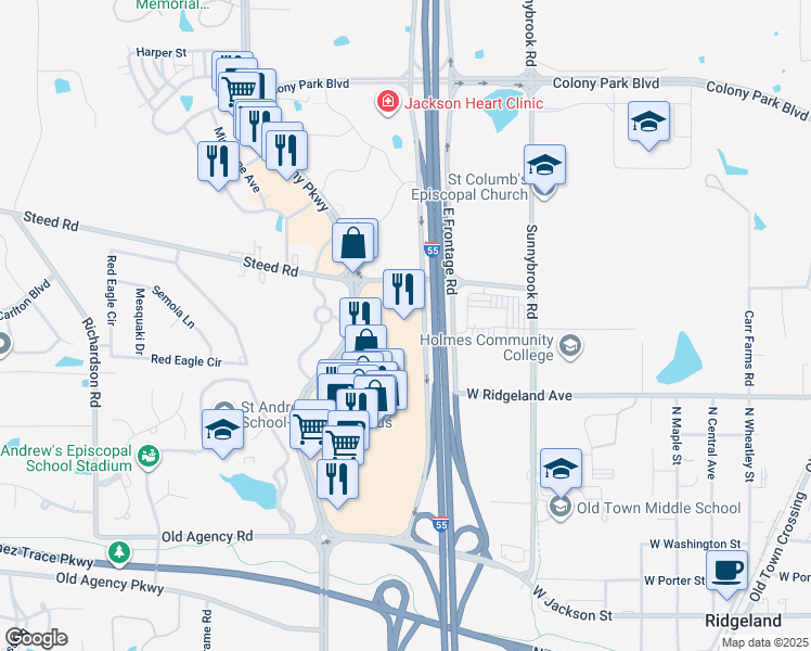 map of restaurants, bars, coffee shops, grocery stores, and more near 1020 Highland Colony Parkway in Ridgeland