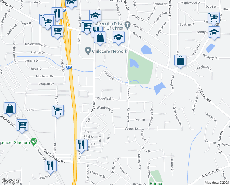 map of restaurants, bars, coffee shops, grocery stores, and more near 4266 Ridgefield Court in Columbus