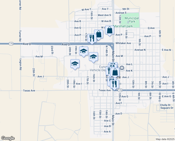 map of restaurants, bars, coffee shops, grocery stores, and more near 1720 Avenue K in Eunice