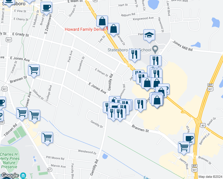 map of restaurants, bars, coffee shops, grocery stores, and more near 311 Gentilly Road in Statesboro