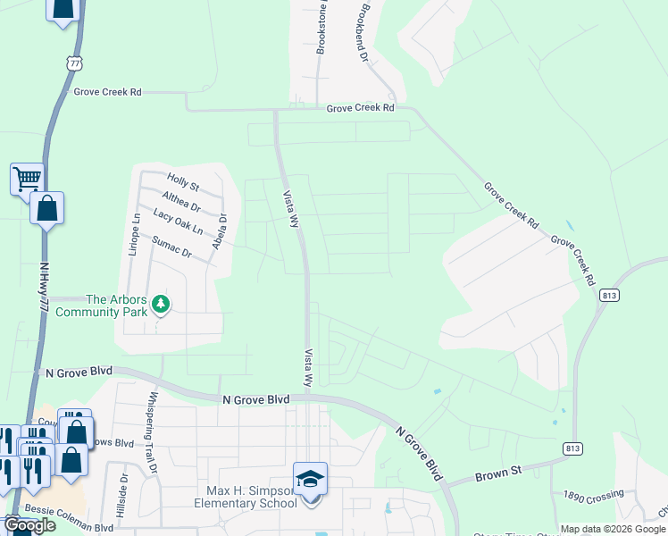 map of restaurants, bars, coffee shops, grocery stores, and more near 296 Lacy Oak Lane in Waxahachie