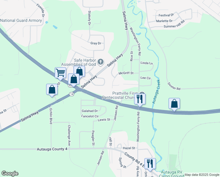 map of restaurants, bars, coffee shops, grocery stores, and more near 520 McGriff Street in Prattville