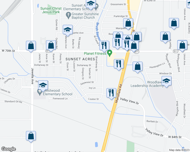 map of restaurants, bars, coffee shops, grocery stores, and more near 7140 Brandtway Street in Shreveport