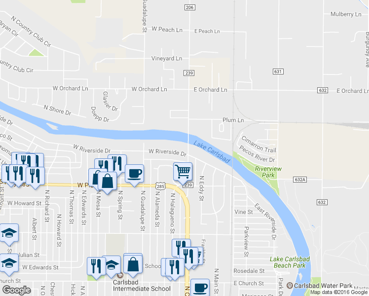 map of restaurants, bars, coffee shops, grocery stores, and more near 302 West Riverside Drive in Carlsbad