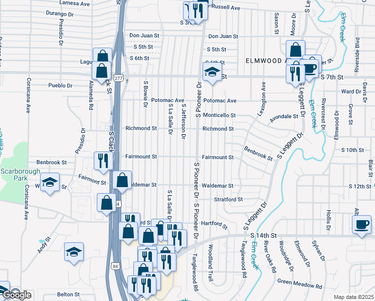 map of restaurants, bars, coffee shops, grocery stores, and more near 1102 South Jefferson Drive in Abilene