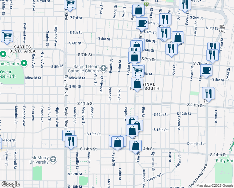map of restaurants, bars, coffee shops, grocery stores, and more near 942 Palm Street in Abilene