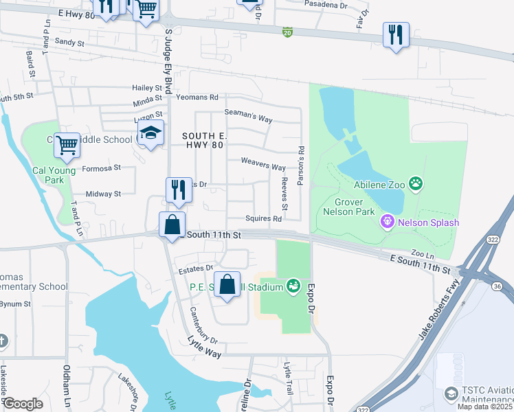 map of restaurants, bars, coffee shops, grocery stores, and more near 1009 Manciples Way in Abilene