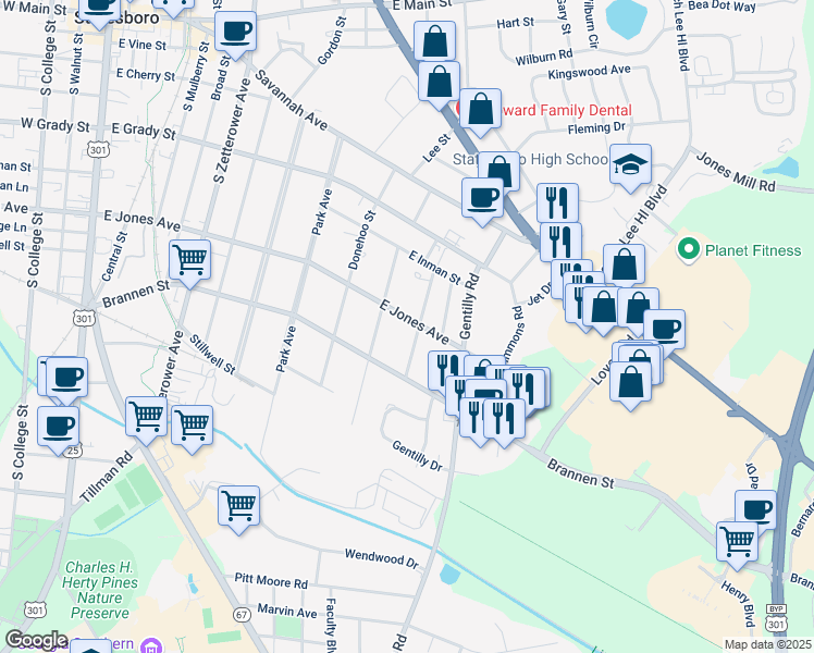 map of restaurants, bars, coffee shops, grocery stores, and more near 313 Clairborne Avenue in Statesboro