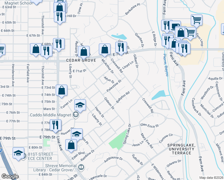 map of restaurants, bars, coffee shops, grocery stores, and more near 7510 Altus Street in Shreveport