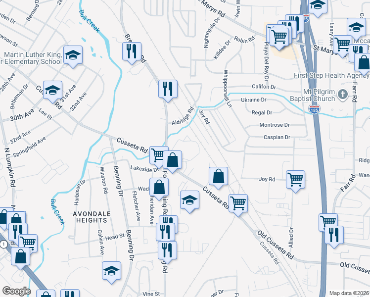 map of restaurants, bars, coffee shops, grocery stores, and more near 3737 Cusseta Road in Columbus