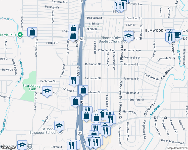 map of restaurants, bars, coffee shops, grocery stores, and more near 1049 South Bowie Drive in Abilene