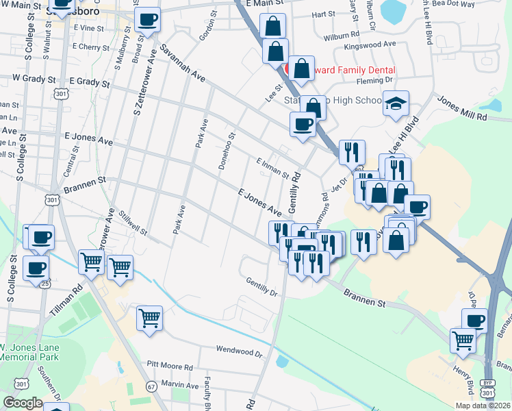 map of restaurants, bars, coffee shops, grocery stores, and more near 402 Clairborne Avenue in Statesboro