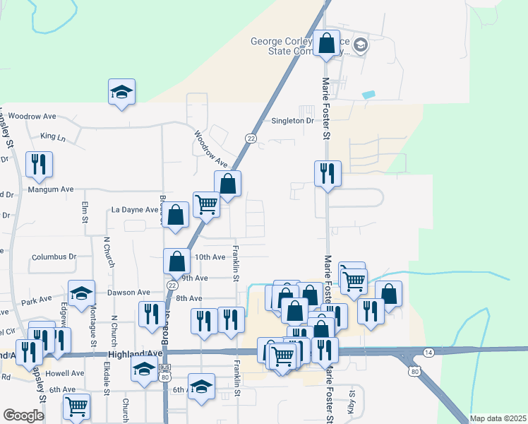 map of restaurants, bars, coffee shops, grocery stores, and more near Berkshire Road in Selma