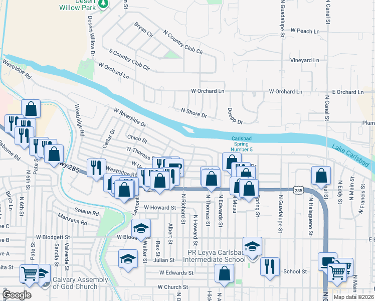 map of restaurants, bars, coffee shops, grocery stores, and more near 1206-1208 W Riverside Dr in Carlsbad