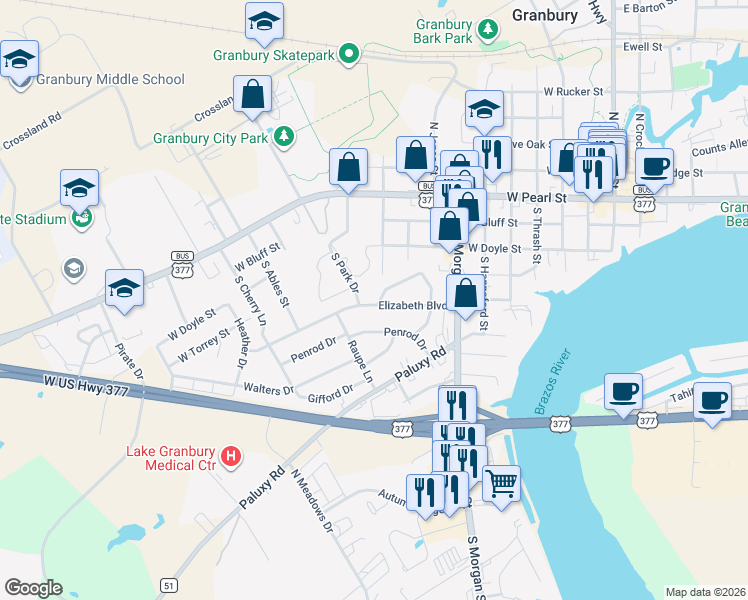 map of restaurants, bars, coffee shops, grocery stores, and more near 311 South Park Drive in Granbury