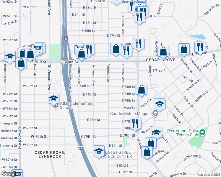 map of restaurants, bars, coffee shops, grocery stores, and more near 437 East 73rd Street in Shreveport