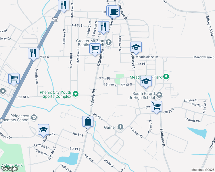 map of restaurants, bars, coffee shops, grocery stores, and more near 1111 5th Street South in Phenix City