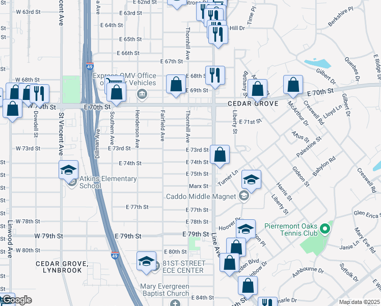 map of restaurants, bars, coffee shops, grocery stores, and more near 531 East 73rd Street in Shreveport