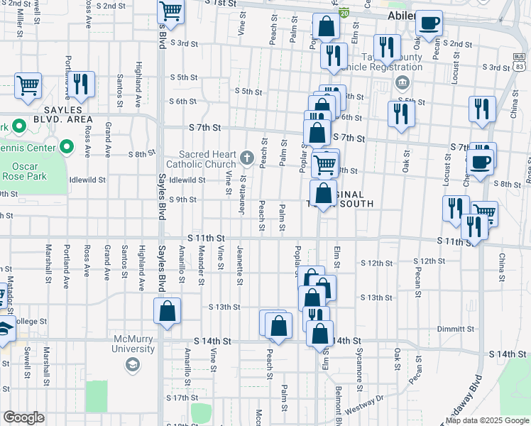 map of restaurants, bars, coffee shops, grocery stores, and more near 933 Peach Street in Abilene