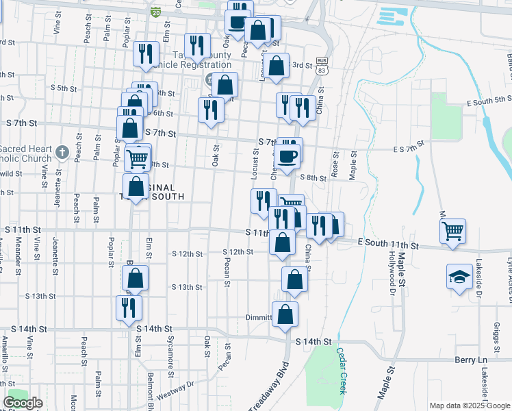 map of restaurants, bars, coffee shops, grocery stores, and more near 1001 Locust Street in Abilene