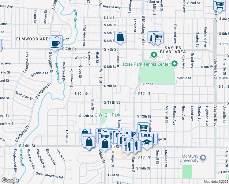 map of restaurants, bars, coffee shops, grocery stores, and more near 933 Ballinger Street in Abilene