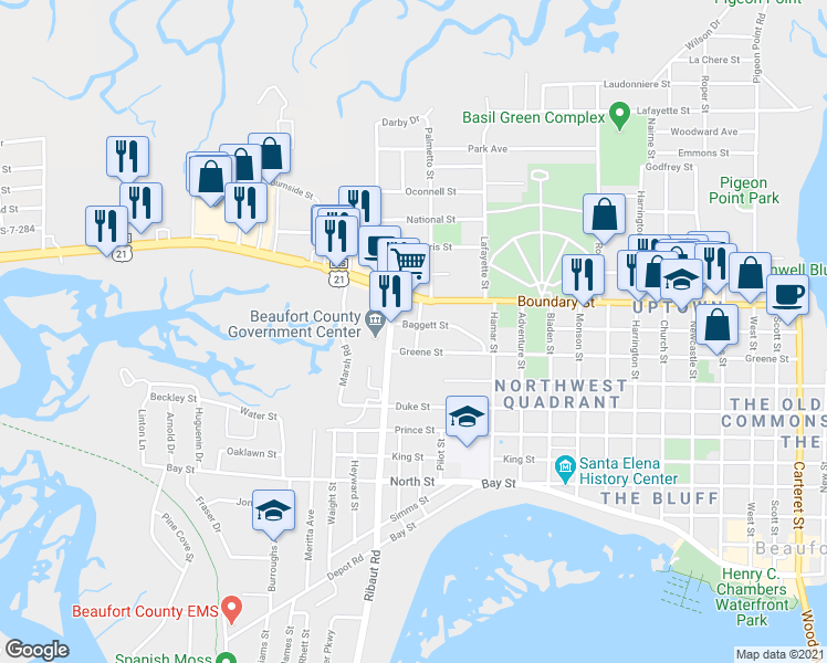 map of restaurants, bars, coffee shops, grocery stores, and more near 1900 Boundary Street in Beaufort