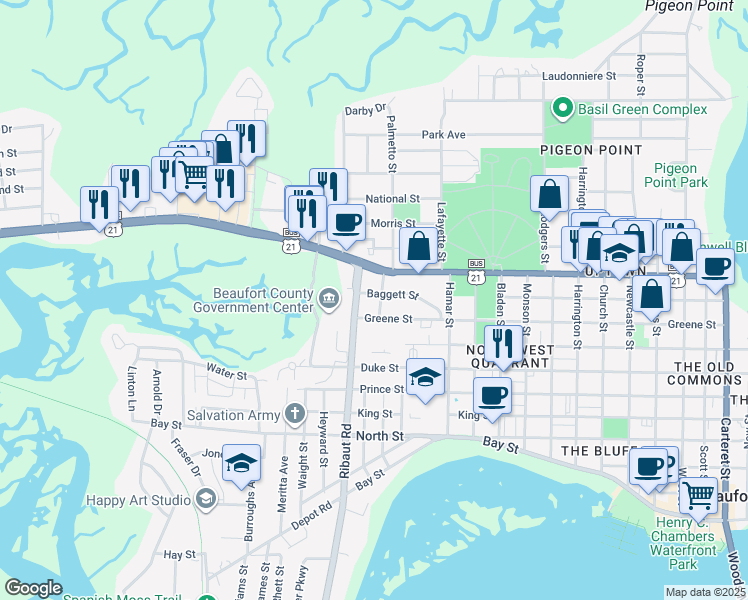 map of restaurants, bars, coffee shops, grocery stores, and more near 1012 Union Street in Beaufort