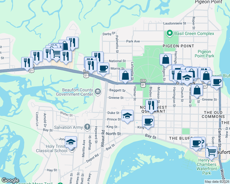 map of restaurants, bars, coffee shops, grocery stores, and more near 1012 Union Street in Beaufort