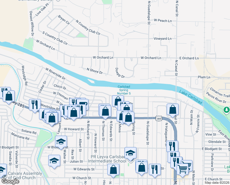 map of restaurants, bars, coffee shops, grocery stores, and more near 1004 West Riverside Drive in Carlsbad