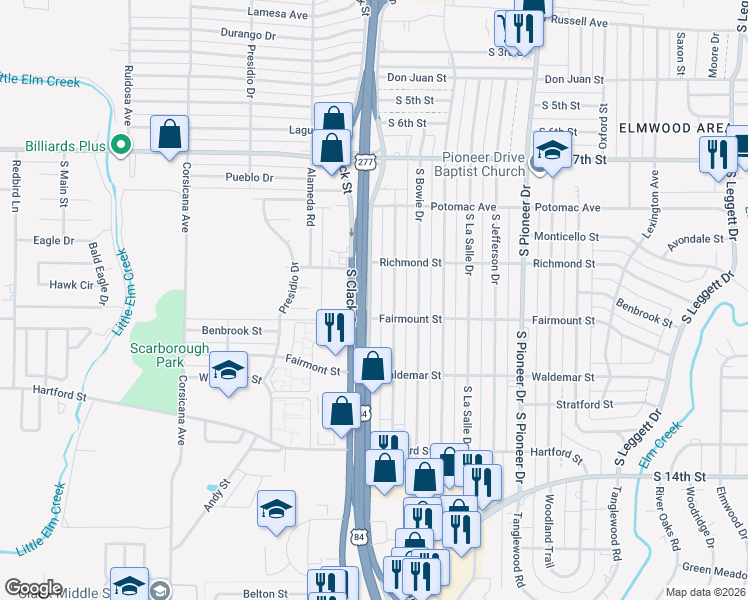 map of restaurants, bars, coffee shops, grocery stores, and more near 1117 South Danville Drive in Abilene