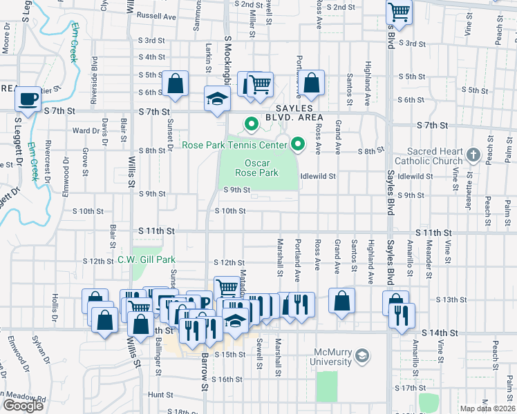 map of restaurants, bars, coffee shops, grocery stores, and more near 2802 South 10th Street in Abilene