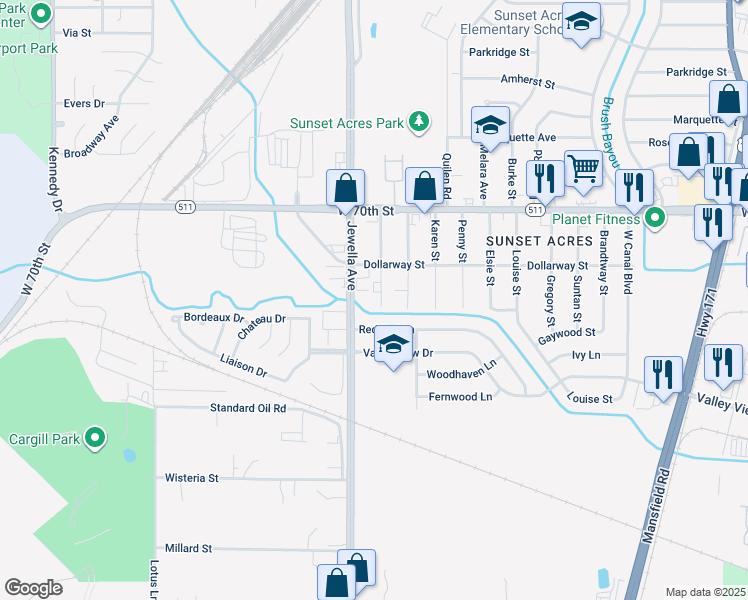 map of restaurants, bars, coffee shops, grocery stores, and more near 7129 Janey Street in Shreveport