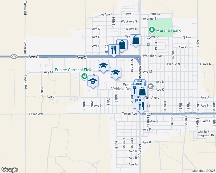map of restaurants, bars, coffee shops, grocery stores, and more near 1720 Avenue K in Eunice