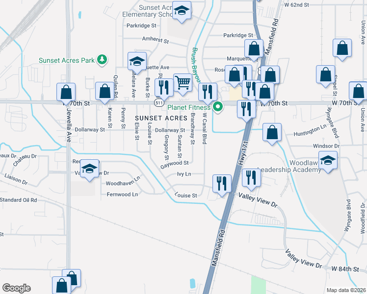 map of restaurants, bars, coffee shops, grocery stores, and more near 7125 Suntan Street in Shreveport