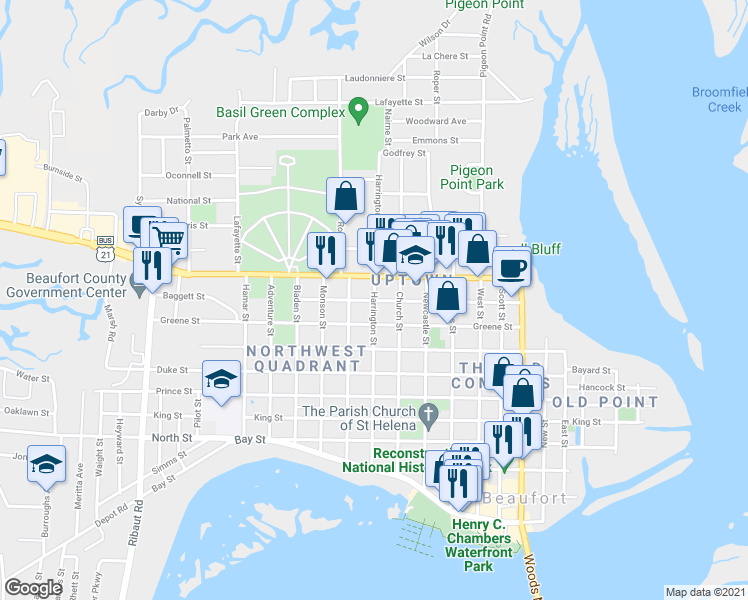 map of restaurants, bars, coffee shops, grocery stores, and more near 1098 Harrington Street in Beaufort