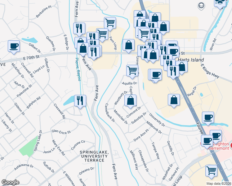 map of restaurants, bars, coffee shops, grocery stores, and more near 7330 Camelback Drive in Shreveport