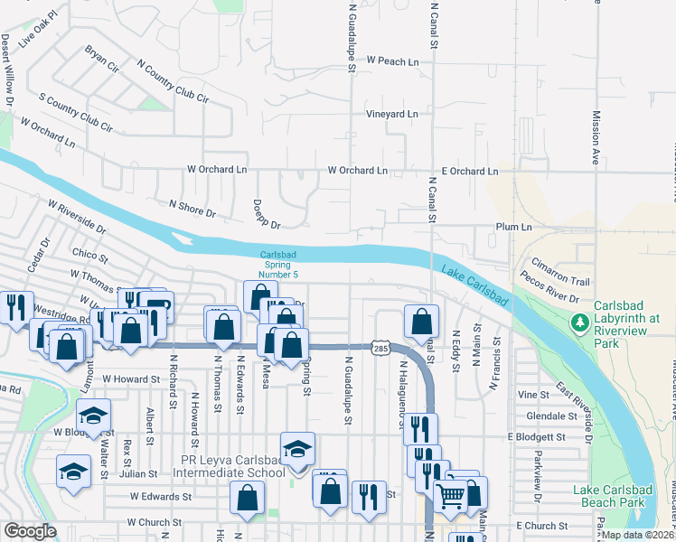 map of restaurants, bars, coffee shops, grocery stores, and more near 604 West Riverside Drive in Carlsbad