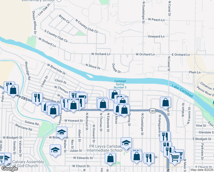 map of restaurants, bars, coffee shops, grocery stores, and more near 1004 West Riverside Drive in Carlsbad