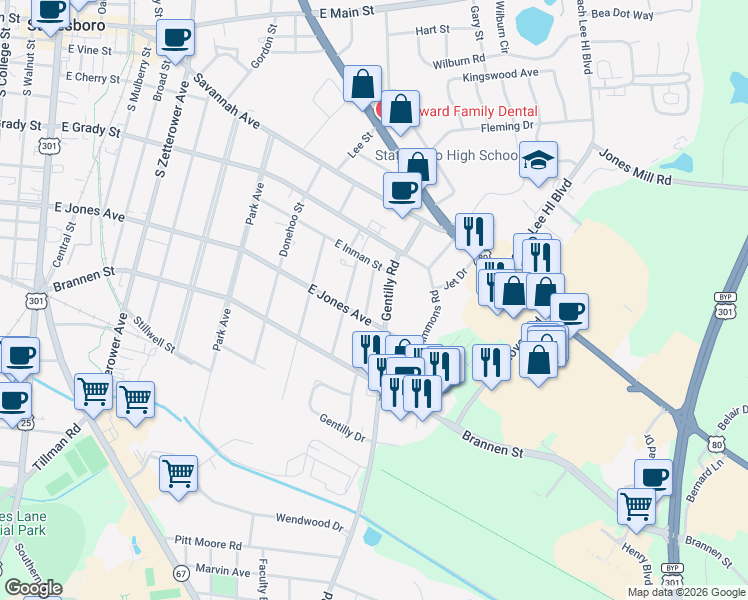map of restaurants, bars, coffee shops, grocery stores, and more near 311 Florence Avenue in Statesboro