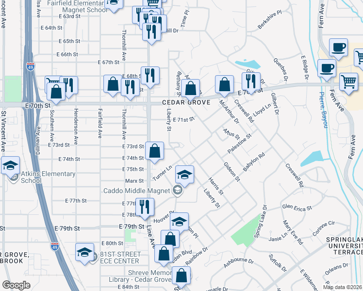 map of restaurants, bars, coffee shops, grocery stores, and more near 722 Pujo Street in Shreveport
