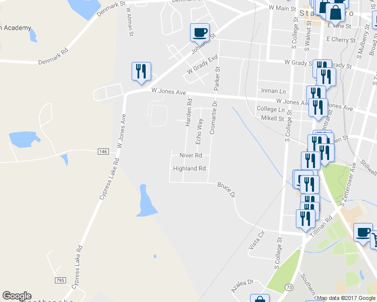 map of restaurants, bars, coffee shops, grocery stores, and more near 107 Niver Road in Statesboro