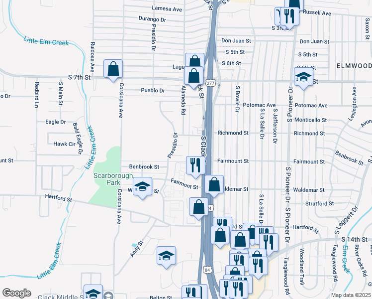 map of restaurants, bars, coffee shops, grocery stores, and more near 5209 Kingston Court in Abilene